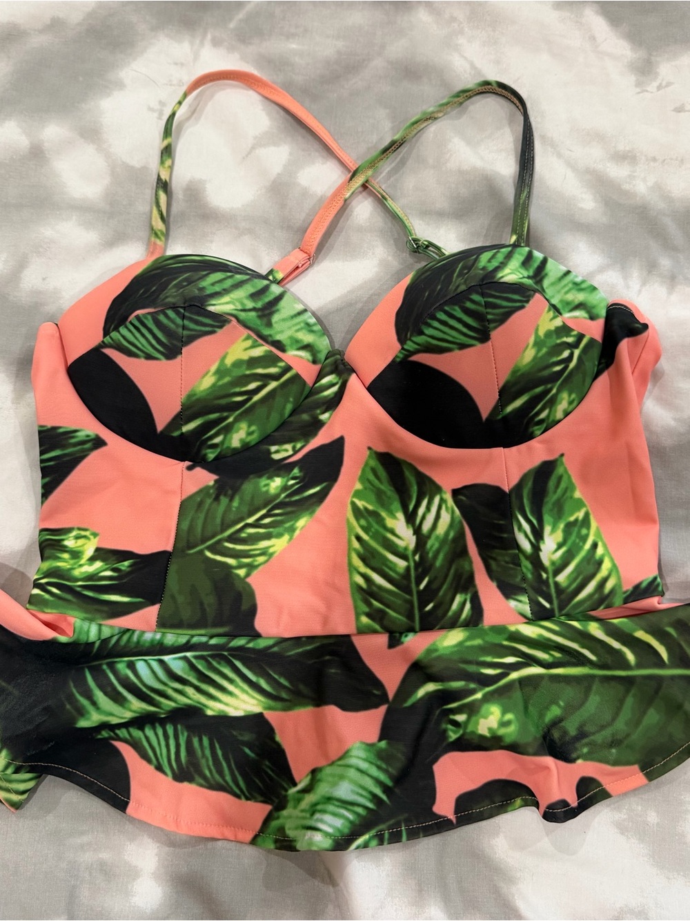 Albion Coral Pink Bikini Top with Green Leaf Print